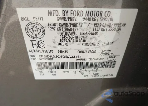 2013 Ford Edge Sel из США, поврежденный, VIN 2FMDK3JC4DBA33461